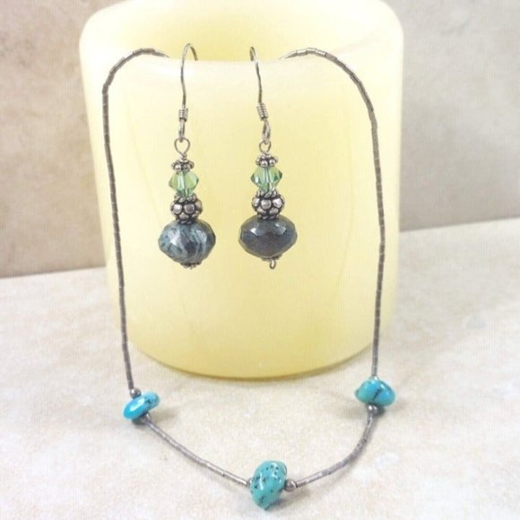 Silver Green Blue Jewelry Necklace Earrings Set Women Trinket Jewelry Gift VTG - Picture 1 of 11